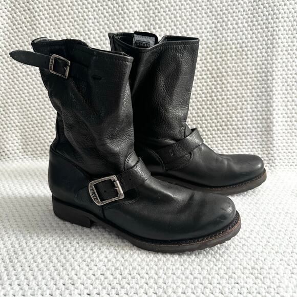 Frye Black Leather Veronica Slip On Double Buckle Short Moto Biker Boots 7 - Picture 1 of 11
